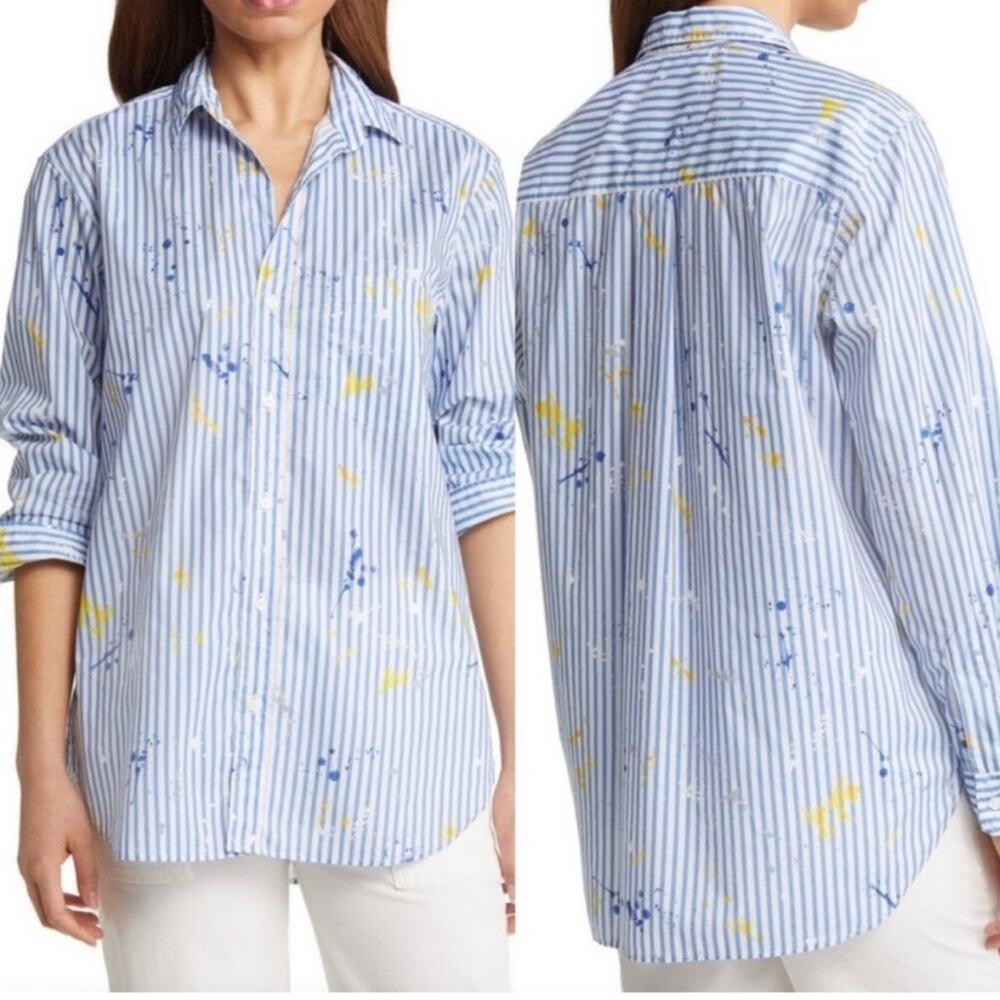 Frank &‎ Eileen Joedy Paint Splatter Blue Stripe Relaxed Button-Up Shirt Small - Picture 8 of 14